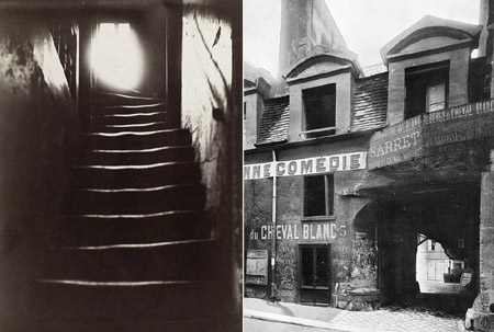 Escalier principal, auberge du Cheval Blanc, 5 rue Mazet (actuelle rue André-Mazet). Paris (VIème arr.). 1899. Photographie d'Emmanuel Pottier (1864-1921). Paris, musée Carnavalet.